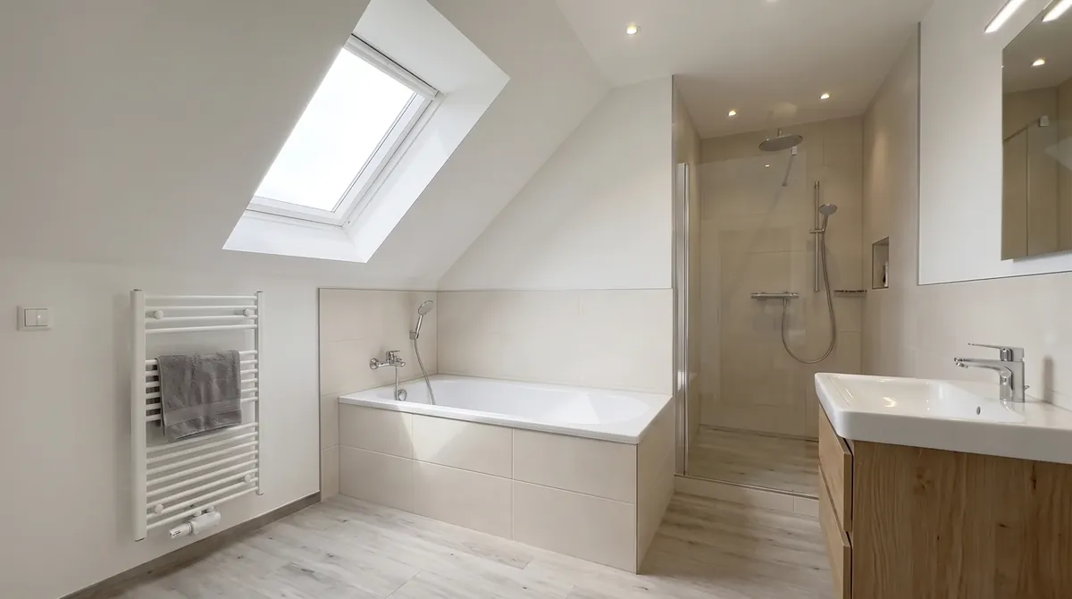 Dachbad mit Wanne & Dusche: fertig saniertes Bad